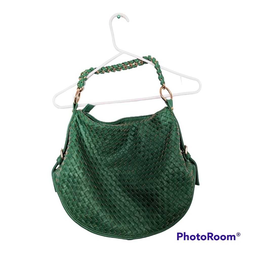 Deux Lux Emerald Green Woven Hobo Bag with Gold Accents.
